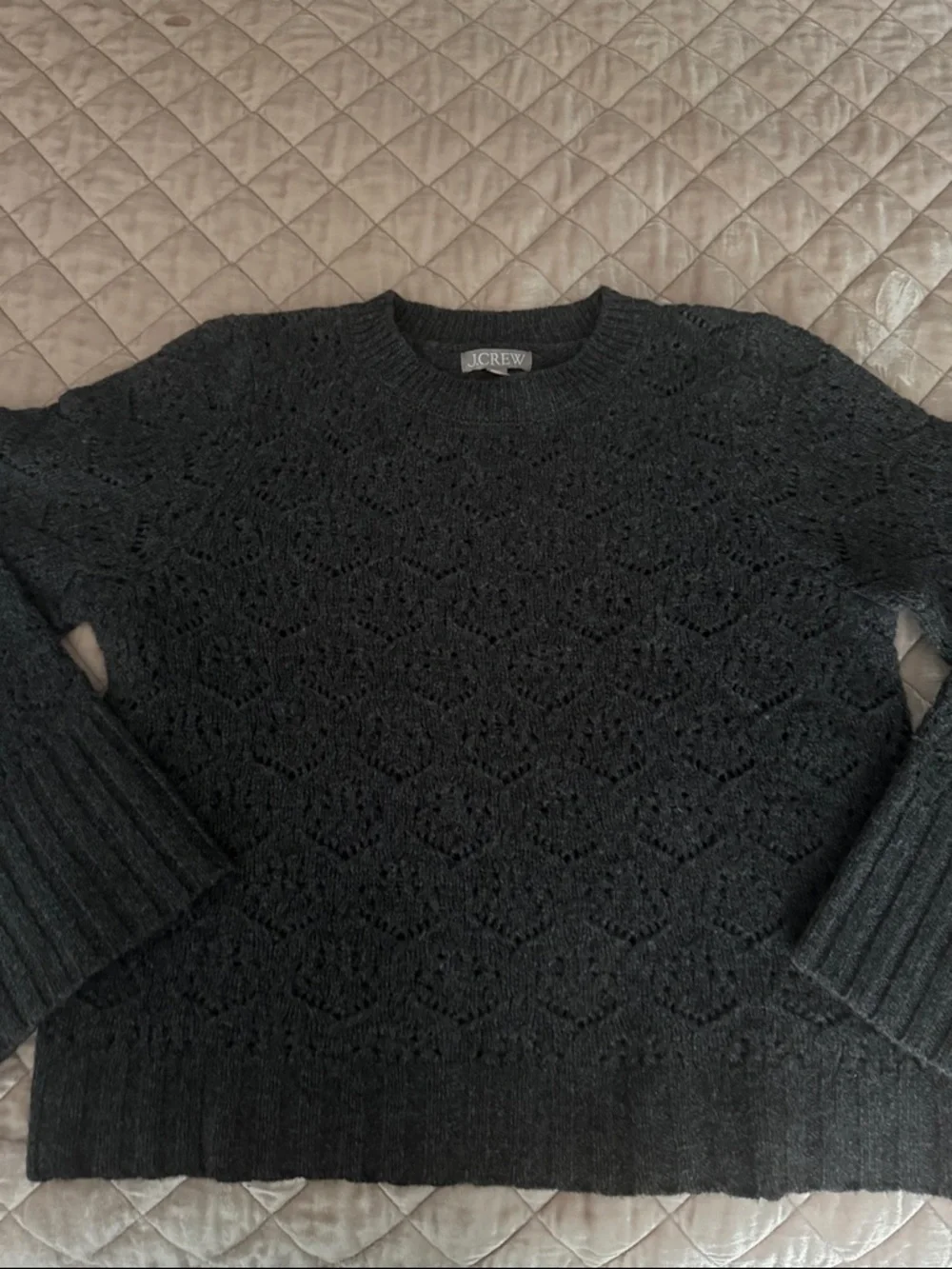J. Crew Charcoal Wide Sleeve Pointelle Merino Wool Crewneck Sweater, Medium